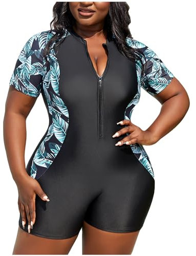 Plus Size Swimsuits for Women UK Tummy Control,Boyleg One Piece Modest Swimwear Short Sleeve Zipper Rash Guard Set Hawaiian Surfing Beach Bathing Suit Swimming Costumes Ladies Clearance Black