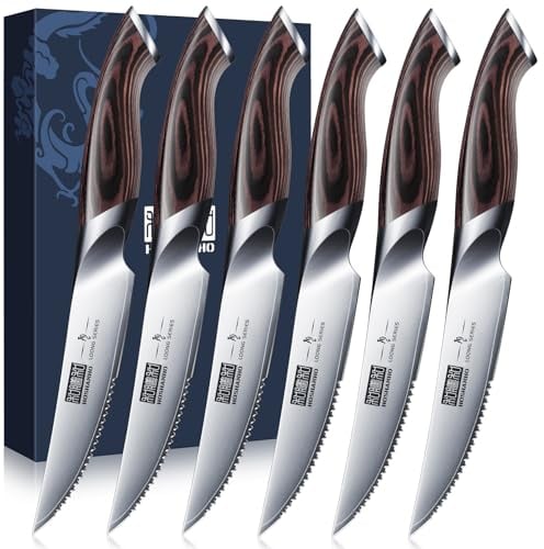 HOSHANHO Steakmesser 6-Teilig Set, Hochwertige Edelstahl Küchen Steakbesteck, Scharfe Gezahnte Steak Messerset mit Ergonomischem Griff