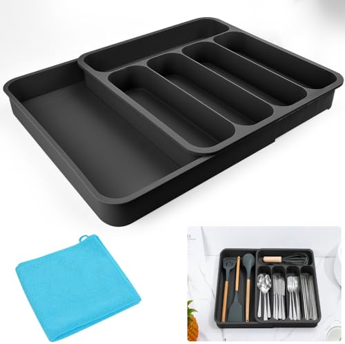 KARBAG Expandable Cutlery Drawer Organiser, Adjustable Utensil Tray Kitchen Drawer Organiser Silverware and Flatware Holder Compact Drawer Divider with Cleaning Cloth for Knives, Forks, Spoons (Black)
