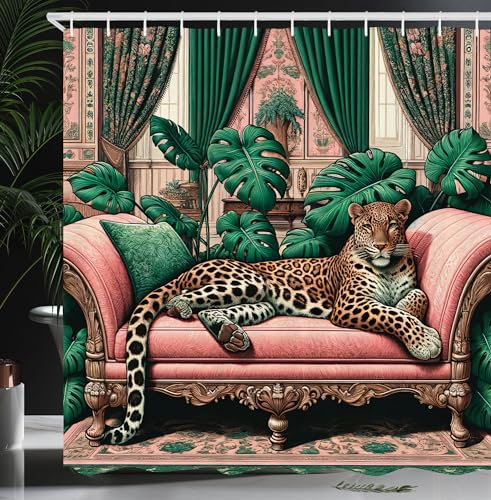 ABAKUHAUS Leopard Duschvorhang, Monstera Blätter um eine große Wilde Katze die modern Boho Klassik vibriert, Stoffliches Gewebe Badezimmerdekorationsset mit Haken, 175 x 220 cm, Rosa Jadegrün