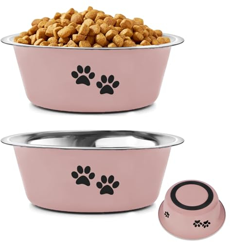 YUDANSI 1560ml Pink Dog Bowls 2 Pack Medium Large Dogs Feeding Bowls Food Water Bowls with Non-Slip Silicone Sole, Stainless Steel Dog Dishes Elevated Raised Pet Feeder