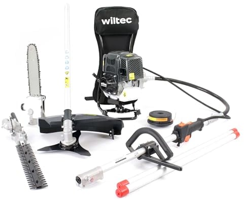 Wiltec 4-in-1 Multifunktionsgerät mit 4-Takt-Motor mit Rucksack, Backpacker Multigartengerät, Multitool Gartenwerkzeug mit u.a. Rasentrimmer