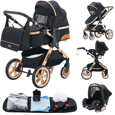 Carrito bebé 3 Piezas, Carro, Carrito bebé 3 en 1, Silla Paseo, Sistema de viaje, Plegable, neumáticos de caucho, Con accesorios, Góndola, Adaptateurs, 25 kg (XX1 Negro)