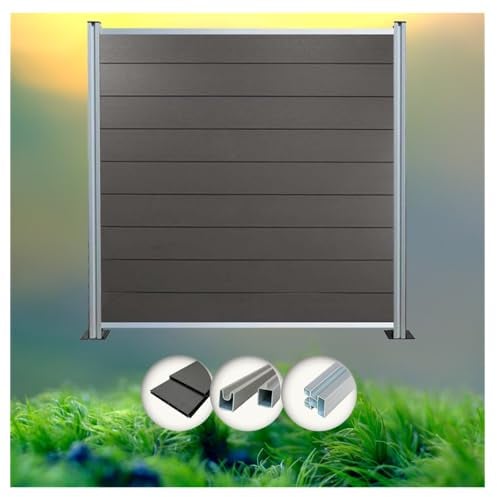 WPC Sichtschutz Zaun anthrazit 185 (Höhe) x 180 (Breite) cm inkl. Posten silber eloxiert (4 x Zaun + 5 x Pfosten)