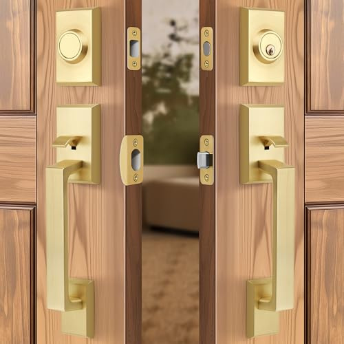 LOQRON Brushed Gold Double Front Door Lock Set, Keyed Entry Front Door Handleset with Dummy, Square Heavy Duty Door Lever and Single Cylinder Deadbolt Combo, Satin Brass