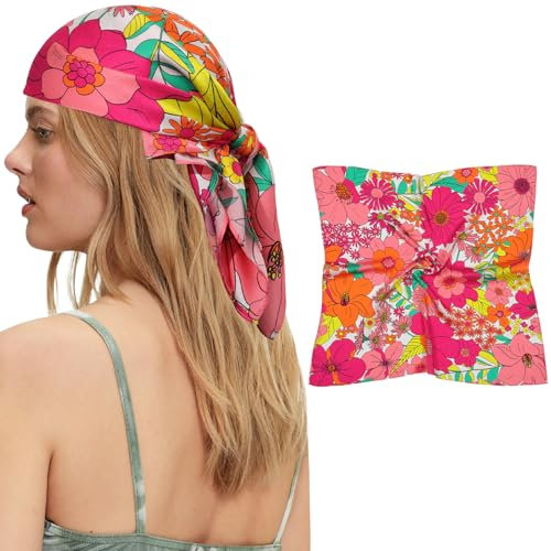AWAYTR Schal aus 100 % Maulbeerseide für Damen, 68,6 cm, reine Seide, Kopftuch für Haare, Halstuch, mit Geschenkpackung, Blume (Hot Pink), 27”×27”