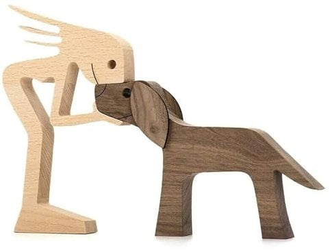 Bogoro Handgefertigte Holzstatue,Familien-Welpe Holzschnitzerei Ornamente,Mann und Hund Holzstatue,handgefertigte Akzente,Holzskulptur Ornamente,Handgeschnitzter Holz Hund für Zuhause, Büro