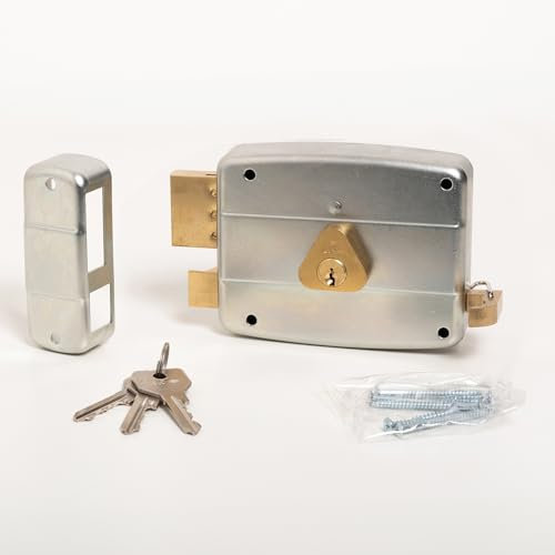 CISA - Cerradura para puertas de hierro para aplicar 15052160279 - Cerradura de acero galvanizado con cilindro y tirador de latón - Cerradura puerta exterior entrada 60 - Mano izquierda aplicar