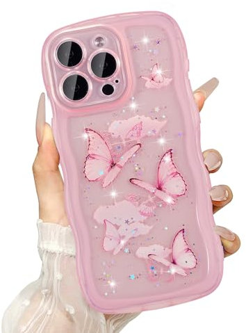 UEEBAI Wave Case for iPhone 15 Pro Max, Cute Bling Butterfly Case for Girl Women, Pretty Glitter Sparkle Stars, Clear Curvy Protective Shockproof Bumper Phone Cover - Pink