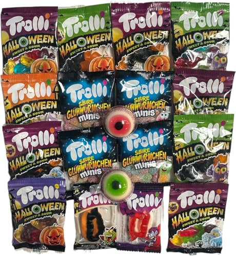 Trolli Halloween Süßigkeiten, 18 Teile einzeln verpackt, Sparpack mit 4 Sorten, 350g Trolli Süßigkeiten Box