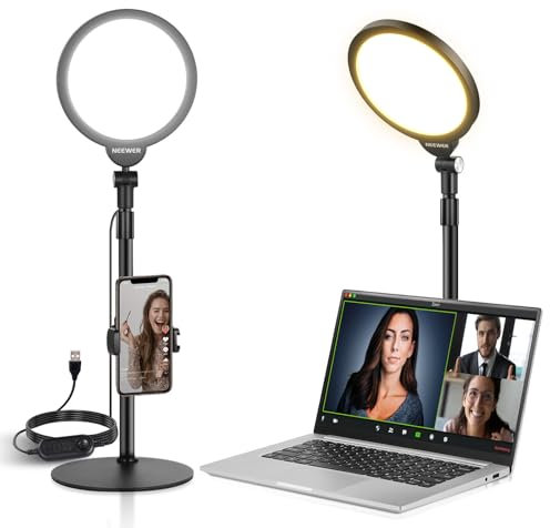 NEEWER Basic 7 Selfie Licht Set, Tisch Handy Ringleuchte, 10W 3000K-6500K Dimmbares Vollbild Ring Light mit Ständer und Telefonhalter für Videokonferenzen Selfie Vlog Live Stream Videoaufnahmen, R06