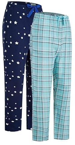 GLOBAL Bas de Pyjama Femme 100% Flanelle de Coton avec Poches et Cordon de Serrage Lot de 2 Carreaux Verts & étoile XXL