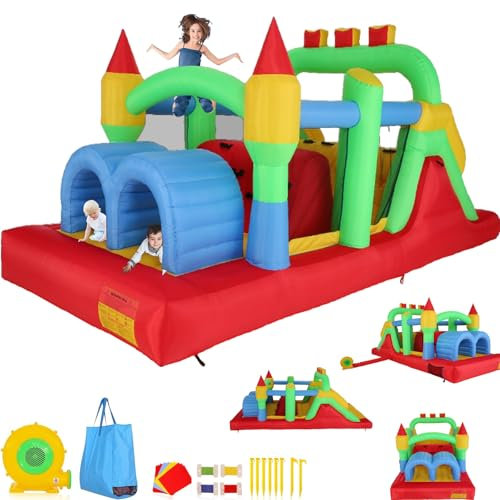 Whubefy Inflatable Bounce House, Obstacle Course for Kids 3-12, 18x8.2ft Giant Bouncy House with Dual Tunnels, Large Slide, Climbing Frame, Castle Bouncer with 680W Blower - Ideal for Birthday Parties