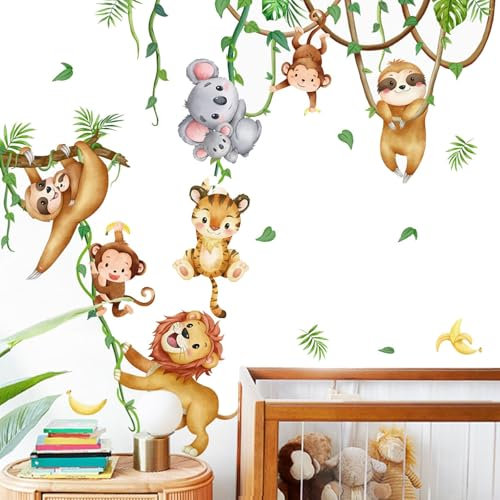 2-teilig Wandtattoo Kinderzimmer Dschungel Tiere - Wandaufkleber mit Dschungeltiere, Bäume, Reben, Tierpartys, Löwen, Affen, Koalas für Kinderzimmer