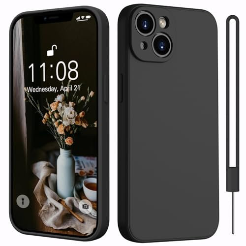 Kukiwhy Hülle für iPhone 14 Silikon mit 1 Lanyard,Microfiber-Innenfutter Dünn Hanyhülle für iPhone 14 5G Case Rundumschutz Kameraschutz stoßfeste Kratzfest Schutzhülle für iPhone 14 6.1'' Schwarz