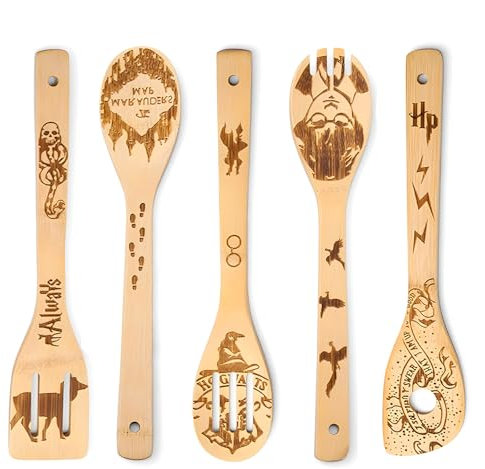YALiya Holzlöffel-Set mit 5 – lustige magische Bambus-Löffel, Küchenzubehör zum Kochen, Einweihungsgeschenk, Weihnachten Geschenke für Frauen oder Männer (Küchen-/Hausdekor)