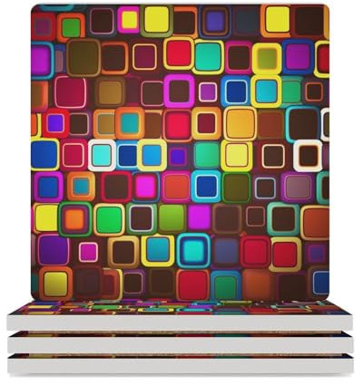 Dekoratives 4-teiliges Untersetzer-Set, bunte Quadrate, bedruckte quadratische Keramik-Untersetzer mit Korkboden, Steinuntersetzer für Zimmer, Küche, Bar, Party-Dekoration