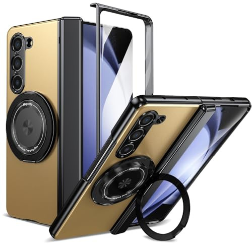 XKchatpt Custodia di telefono pieghevole magnetico per Samsung Galaxy Z Fold 5, Kickstand 360 ° REFERIBILE, Custodia in di con protezione della cerniera e protezione dello schermo anteriore (Oro)