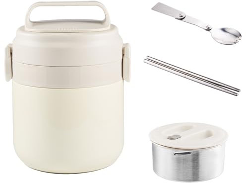 ZingZaak Thermal Food Container,Food Flask For Hot Food,Double-layer vacuum insulation Food Jar, 1.2L Stainless Steel, Leak-Proof,Hot/Cold 6-12 Hours, with Foldable Spoon and Chopsticks, White