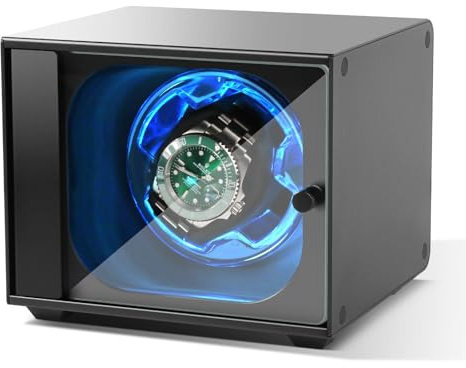 Cevale Uhrenbeweger aus Aluminium, automatischer Uhrenbeweger mit ultra-leisem Motor (≈ 0 dB), selbstaufziehender Metall-Uhrenbeweger für Rolex und mehr, blaues Licht, seitlich offene Glastür