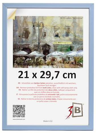 3-B Bilderrahmen LUND - Hellblau - 21x29,7 cm (A4) - Holzrahmen, Fotorahmen, Portraitrahmen mit Acrylglas