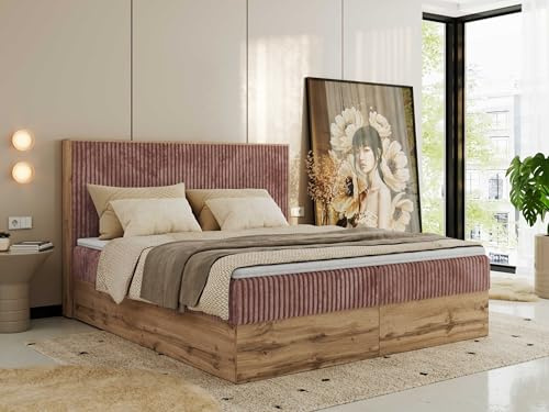 MKS MEBLE Boxspringbett 160x200 mit Bettkasten Holz Holzrahmen, Boxbett mit Matratze H3 und Kopfteil - Rosa Cord - Wood Classic mit Topper T25