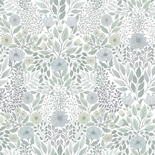 Timeet Peel and Stick Wallpaper Green Floral 17.32in×118.11in Waterproof Self Adhesive Vinyl White Green Flower Leaf Contact Paper Thicken Sticky Back Plastic Removable Vinyl Wrap for Furniture Wall