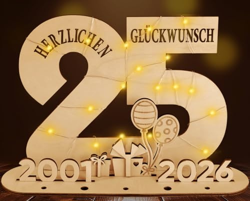 packra 25 Geldgeschenke Geburtstag - Originelle Geschenk 25. Geburtstag Frauen & Männer 2001-2026, 25 Silberhochzeit Deko, Holz-Schild Gästebuch mit LED Lichterkette, Deko Geburtstag Frau Mann