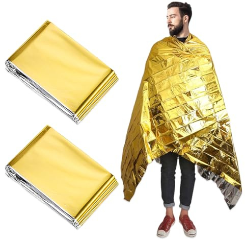 YUVKIN 2-teilige Rettungsdecke, Heizdecke mit Rettungsfolie, Erste-Hilfe-Folie (210 x 160 cm) (Gold/Silber)
