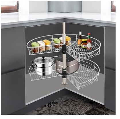 KigerNee Eckschrank-Organizer 270° Schwenkbar, ausziehbarer Organizer für Jalousieschrank, 2-stufiges, höhenverstellbares Schwingtablett, sanft schließender Küchen-Organizer für Töpfe, Gewürze