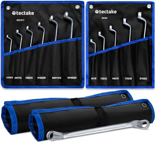 tectake® Doppelringschlüssel Satz 11-teilig, Schraubenschlüssel 8-22 mm, 1/4-3/4, Werkzeuge gekröpft, 12-Kant-Profil, Werkzeug Set formstabil, korrosionsbeständig, Ringschlüssel Set, mit 2 Taschen