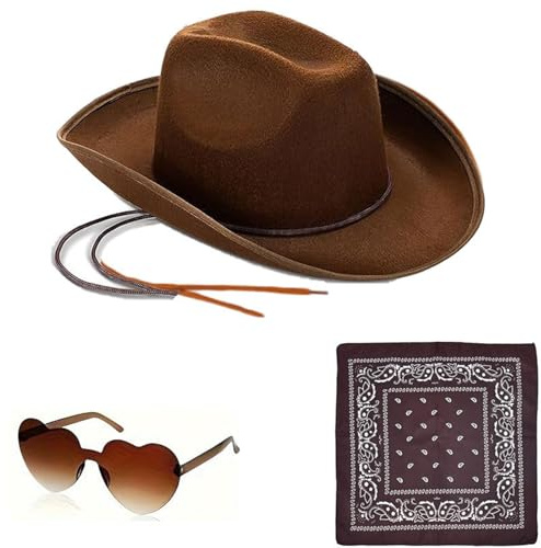 Generisch CowboyHut Damen Herren Fashion Westernhut Cowboyhüte Cowgrilhut Rockstar Randlose Hippie Herzförmige Brille Halstuch Wilder Westen Party Cowgirl Hut Pink KostüM GroßE GrößEn