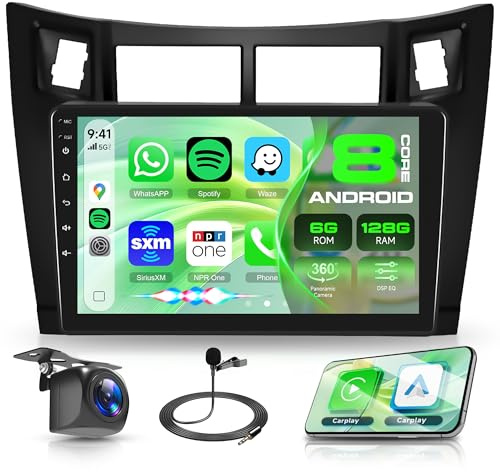 Rimoody 8 Core 6G+128G Android Autoradio für Toyota Yaris 2005-2011 Wireless Carplay Android Auto GPS Navi WiFi 360° Panorama, 9 Zoll Touchscreen Radio Bluetooth FM/RDS/DSP EQ/USB/SWC Rückfahrkamera