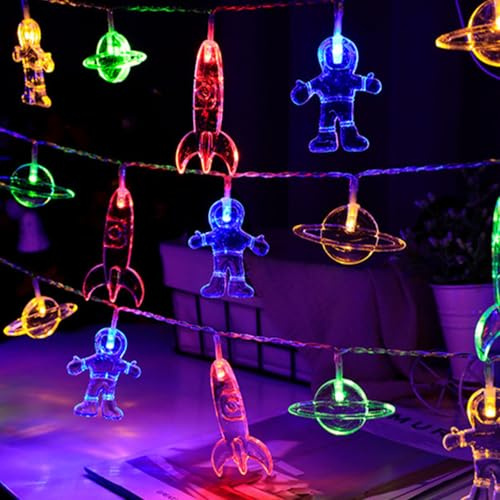 Falagoty Weltraum-Feen-Lichterkette, Kinderzimmer, LED-Licht, 3 m, 20 LEDs, Astronaut, Planet, Rakete, dekoratives Licht, Raumschiff-Thema, Urlaub, Licht, Zimmer, Geburtstagsfeier, Garten, Terrasse