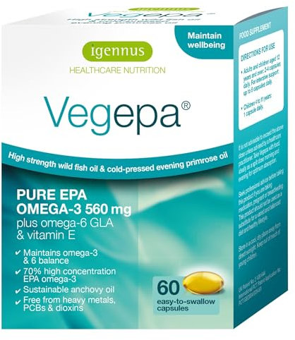 Igennus Vegepa, EPA Omega 3 & GLA Omega 6, Ultra Pure Wild Fish Oil & Evening Primrose Oil, 60, 560mg EPA per Serving, 30 Servings, 60 Capsules