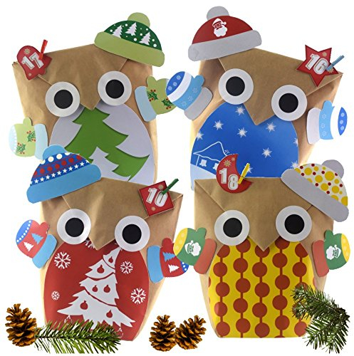 DIY Adventskalender Set Eulen für Männer/Jungen - 24 Tüten mit verschiedenen Bäuchen, Aufkleber, Klammern