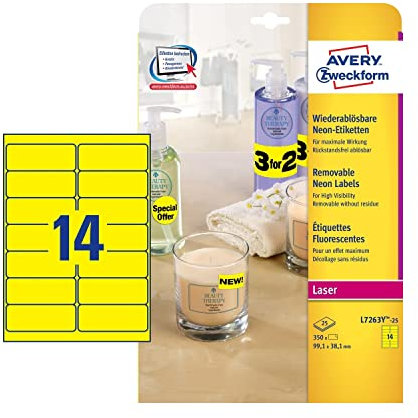Avery L7263Y-25 - Etiketten in Sonderfarben, Neongelb, 99,1 x 38,1 mm, wiederablösbar (Avery High Vis 99x38mm Neon Yellow L7263Y-25 (350 Labels))