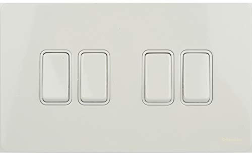 Schneider Electric Ultimate Screwless Flat Plate - 4 Gang Rocker 2 Way Light Switch, Single Pole, 16AX, GU1442WPW, Painted White with White Insert