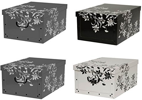 Kreher Set 4 Stück Deko Karton Barock Blumen.Stabile Kartons aus Pappe in Schwarz, Weiß und Grau. XL Volumen mit Kunststoff Griffen und Deckel. Preiswert und schön. Maße ca. 51 x 37 x 24 cm