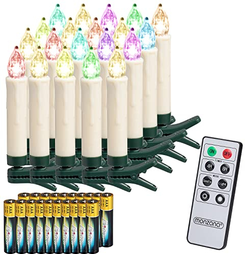 MONZANA® 20x Battery Operated LED Christmas Tree Candle Lights | Realistic Multicolour Candles Pack with Batteries Included | Remote Control Wireless Dimmable Timer | Clip On Decorations