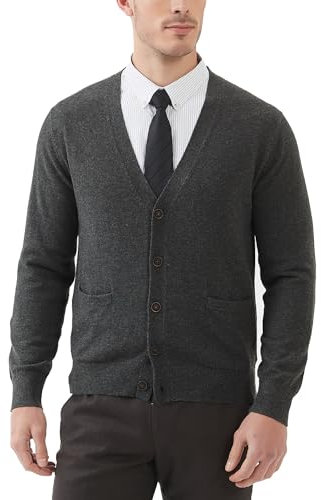 Kallspin Maglione da Uomo Cardigan con Scollo a V in Lana(Grigio Scuro,M)