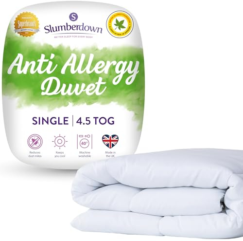 Slumberdown Anti Allergy Single Duvet 4.5 Tog - Allergy UK Approved Lightweight Summer Duvet for Allergy Sufferers - Made in the UK, Anti Bacterial & Machine Washable Single Quilt (135 x 200cm)