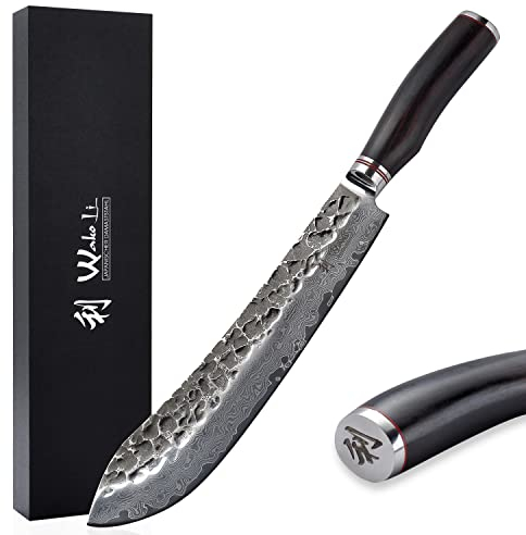 Wakoli EBO Premium Damast Blockmesser mit 25 cm Klinge und Hammerschlag gefertigt aus 67 Lagen echtem Damaststahl mit schwarzem Eichenholzgriff I Damastmesser Küchenmesser und Profi Kochmesser