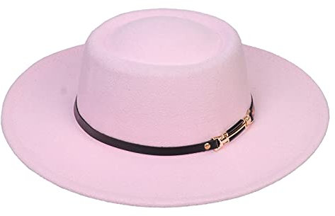 YiyiLai Unisexe Chapeau Melon Large Bord Fedora en Laine Capeline Mariage Sport Décor PU Ceinture Rose