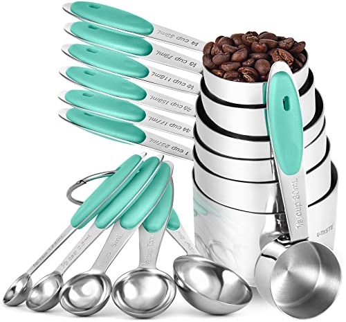 Juego de tazas y cucharas medidoras: U-Taste de acero inoxidable 18/8, juego de 12 piezas de metal apilable para hornear en la cocina, 7 tazas, 5 cucharas con juntas soldadas reforzadas (Aqua Sky)