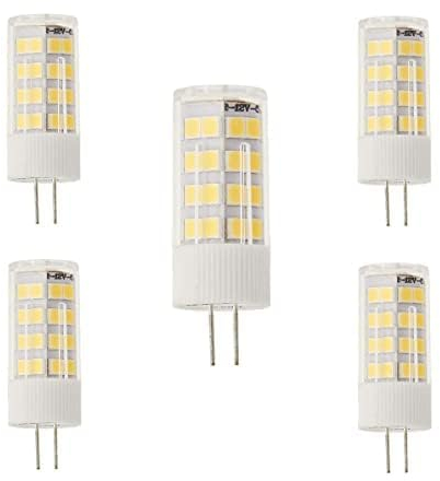Jandei – Pack x5 Bombillas LED 12V DC, G4 de 5W de potencia – Color Blanco Frío 6000K, 400 lúmenes, (equivalente 35-40W halógeno), 12mm Ø, 46mm largo total con pines, Protección IP20