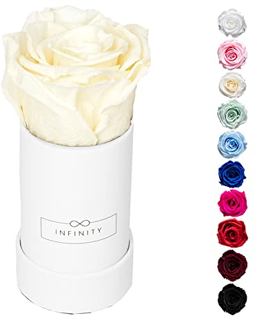Infinity Flowerbox - 1 echte Infinity Rosen (3 Jahre haltbar ohne Wasser) - Direkt mit Geschenkverpackung geliefert I Handgefertigt in Berlin I Geschenk für Frauen (Beige Rose in weißer Box)