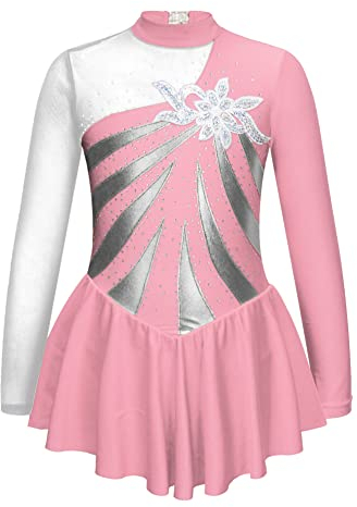 CHICTRY Strass Glitzer Eiskunstlauf Kleid Kinder Mädchen Langarm Ballettkleid Metallic Patchwork Ballett Trikot Mit Ballettrock Ballerinas Kostüm Rosa 122-128