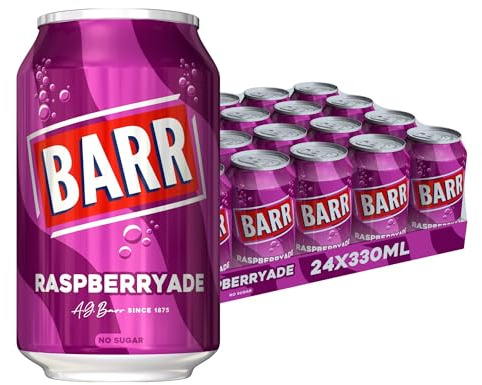 Barr Raspberryade Zero Sugar Sparkling Soft Drink, 24 Pack, 330ml Cans | Tangy and sweet raspberry-flavoured sparkling drink packed with ripe berry taste.