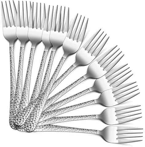 HaWare 12 Pcs Large Stainless Steel Hammered Dinner Table Forks for Home, Kitchen, Restaurant, Mirror Polished& Dishwasher Safe - 20cm